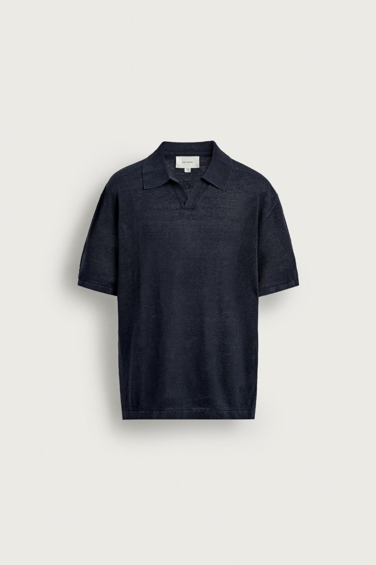 Zara Linen Polo Regular Fit — Bleu marine foncé