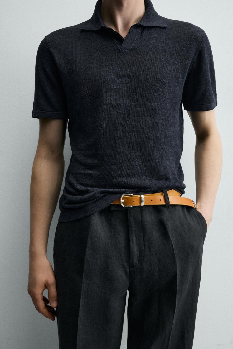 Zara Linen Polo Regular Fit — Bleu marine foncé
