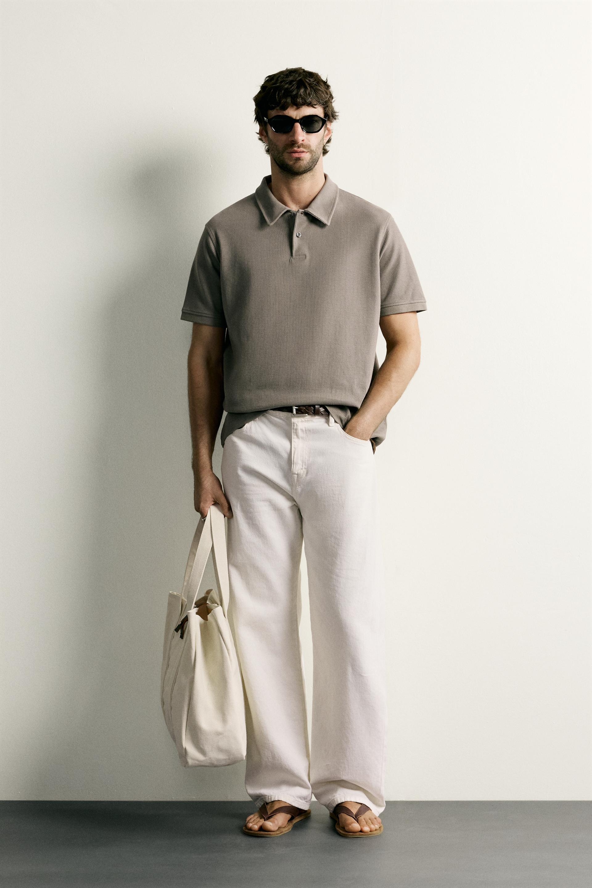 Zara REGULAR FIT TEXTURED POLO SHIRT — Light brown