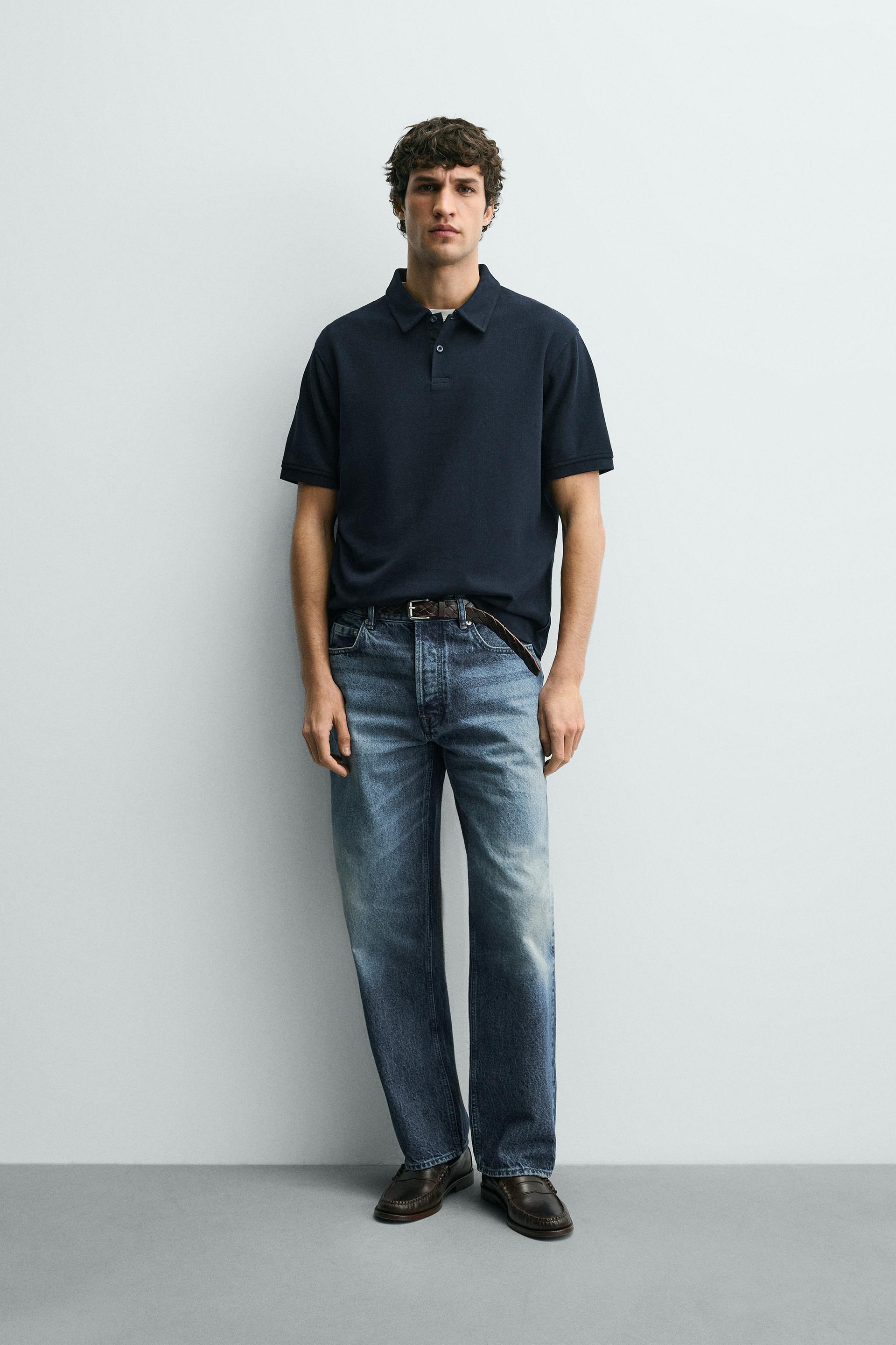 Zara REGULAR FIT TEXTURED POLO SHIRT — Navy blue