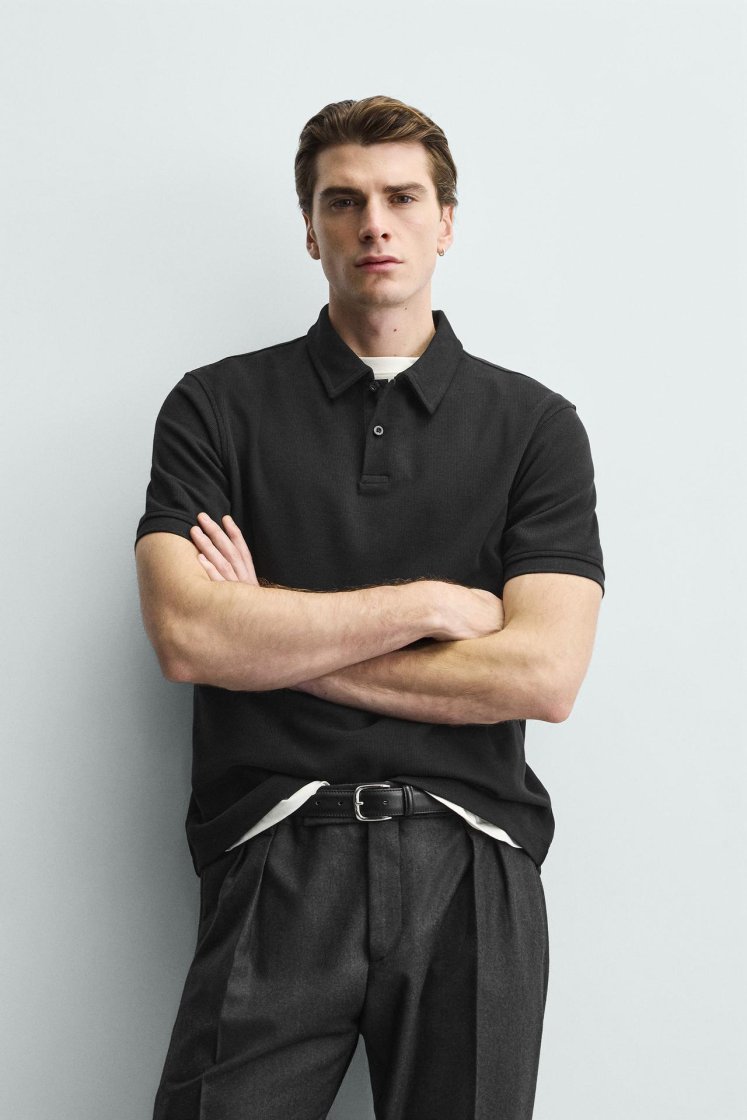 Zara REGULAR FIT TEXTURED POLO SHIRT — Black