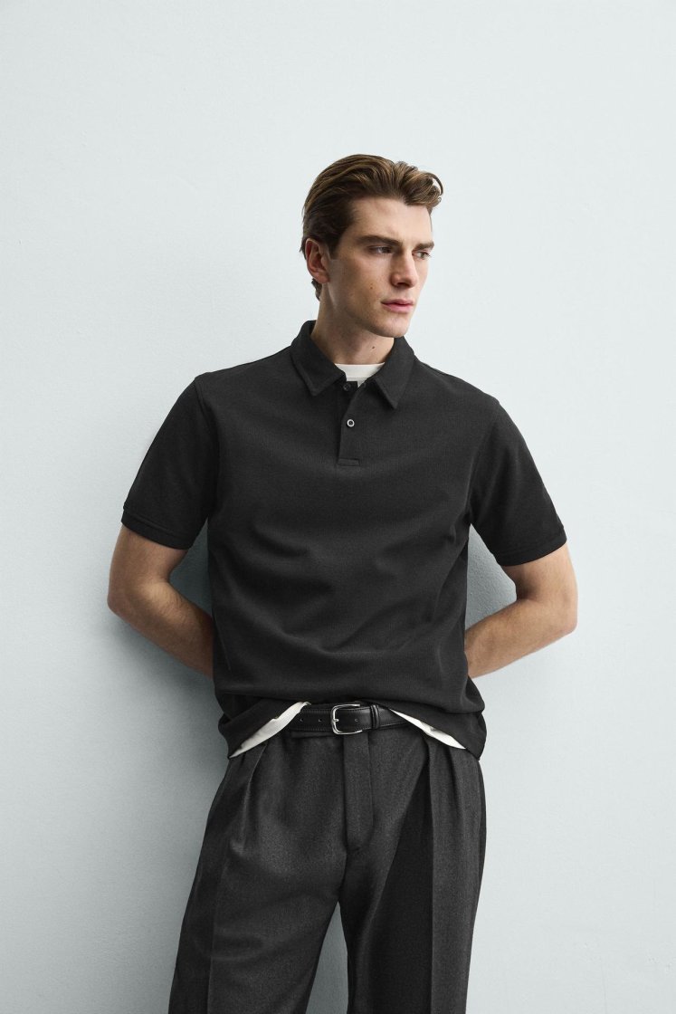Zara REGULAR FIT TEXTURED POLO SHIRT — Black