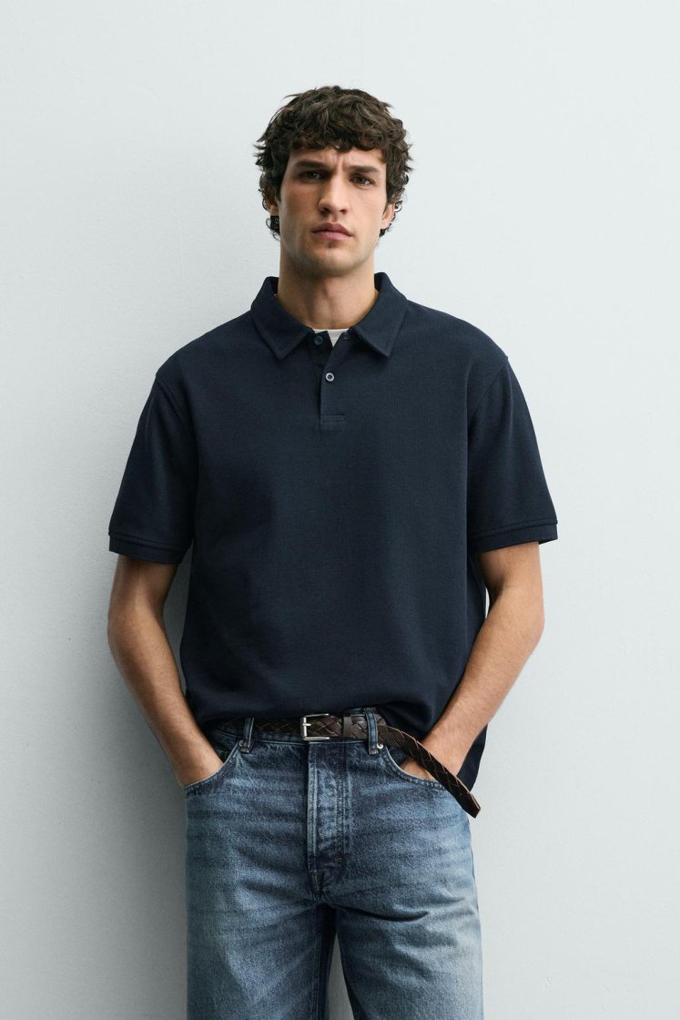 Zara REGULAR FIT TEXTURED POLO SHIRT — Navy blue