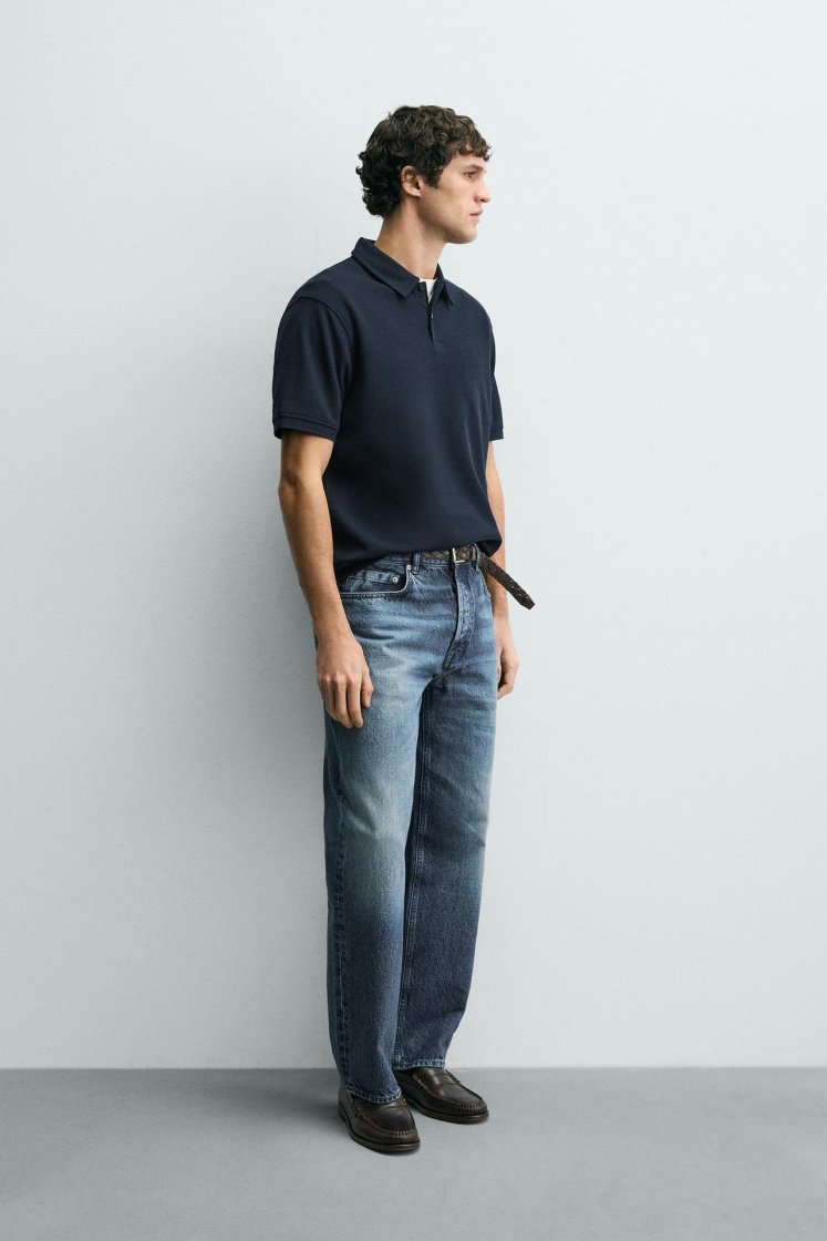 Zara REGULAR FIT TEXTURED POLO SHIRT — Navy blue