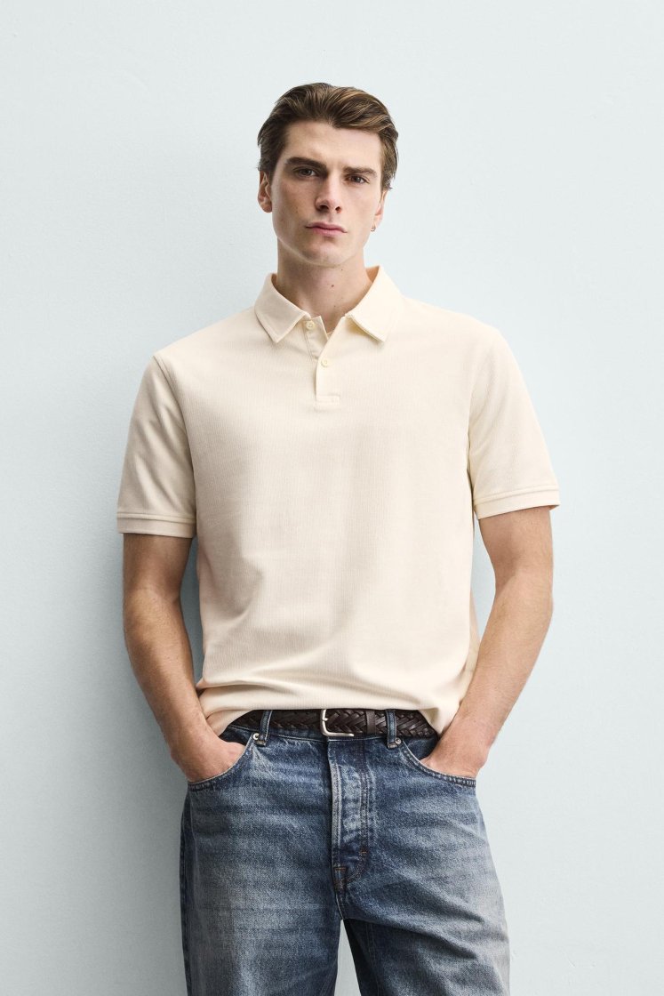 Zara REGULAR FIT TEXTURED POLO SHIRT — Oyster-white