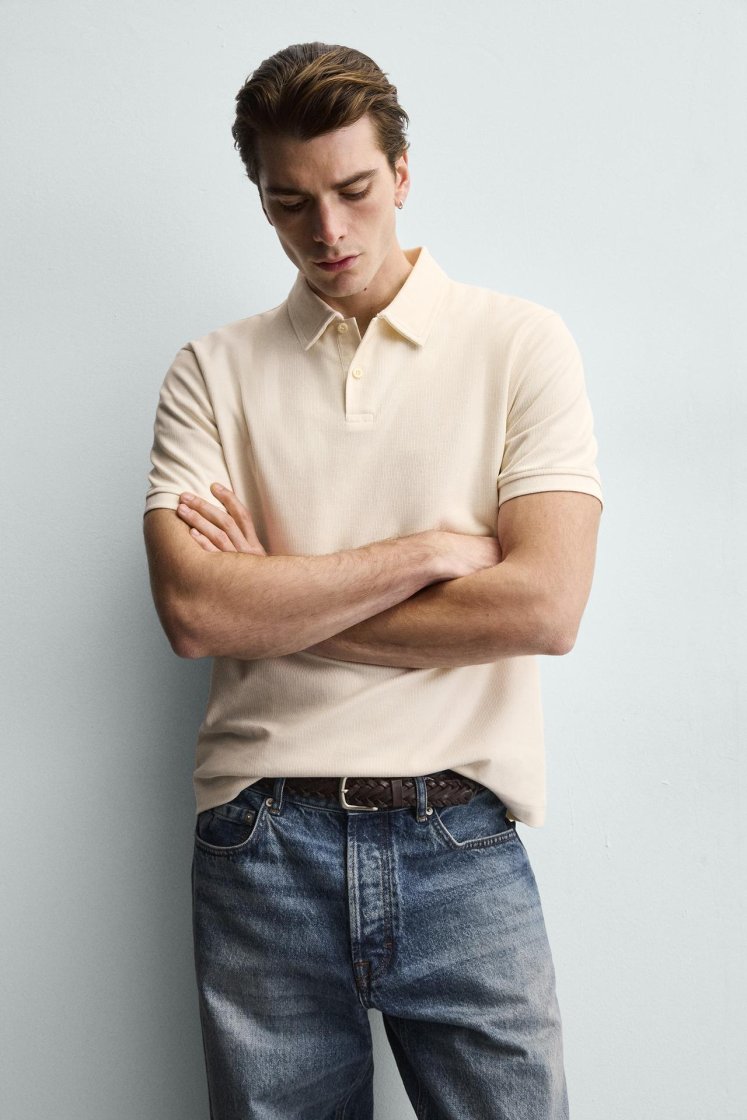 Zara REGULAR FIT TEXTURED POLO SHIRT — Oyster-white