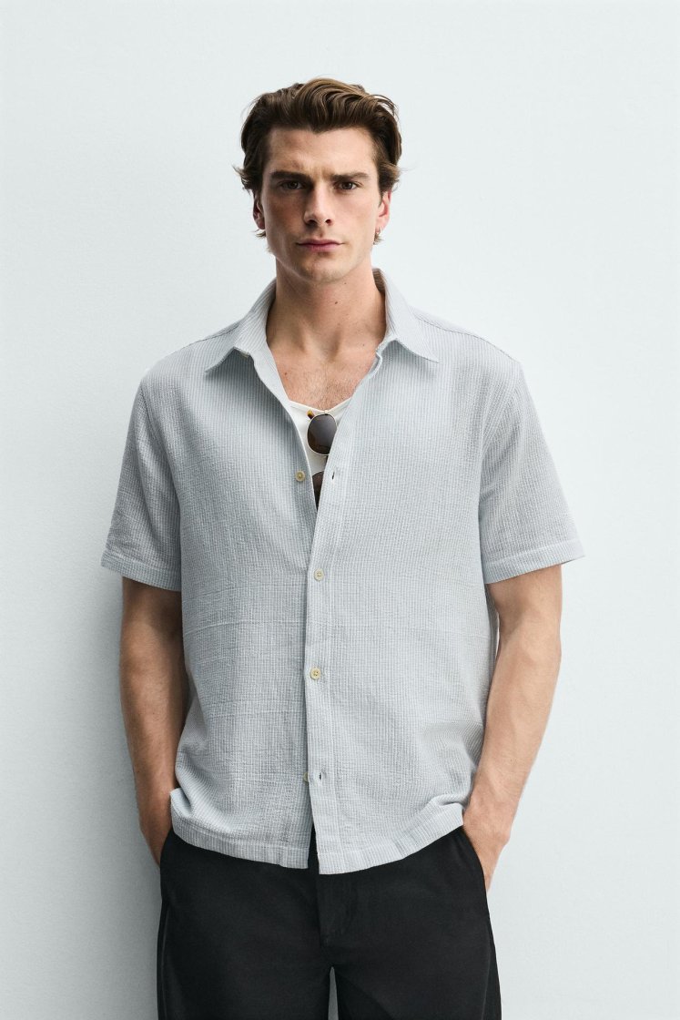 Zara Structured Comfort Shirt — Blanc / Bleu ciel