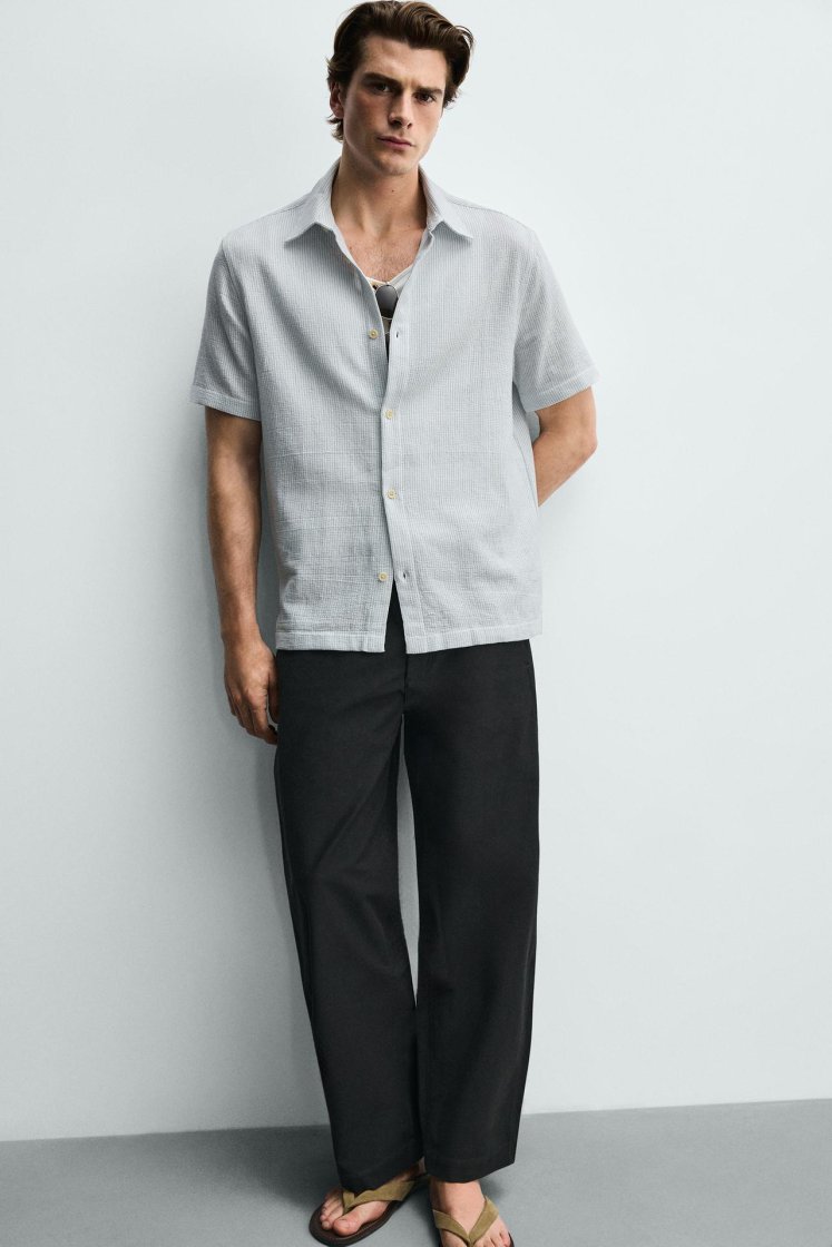 Zara Structured Comfort Shirt — Blanc / Bleu ciel