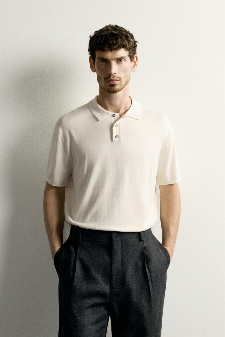 Zara Structured Knit Polo Regular Fit — Blanc cassé