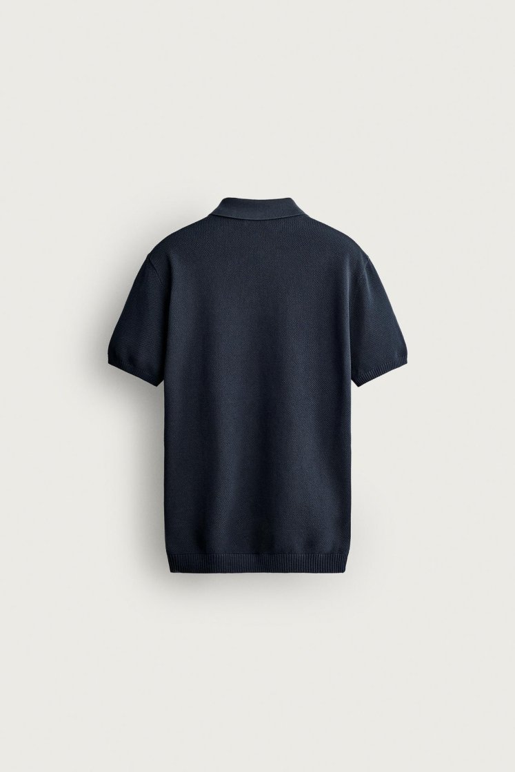 Zara Structured Knit Polo Regular Fit — Bleu marine