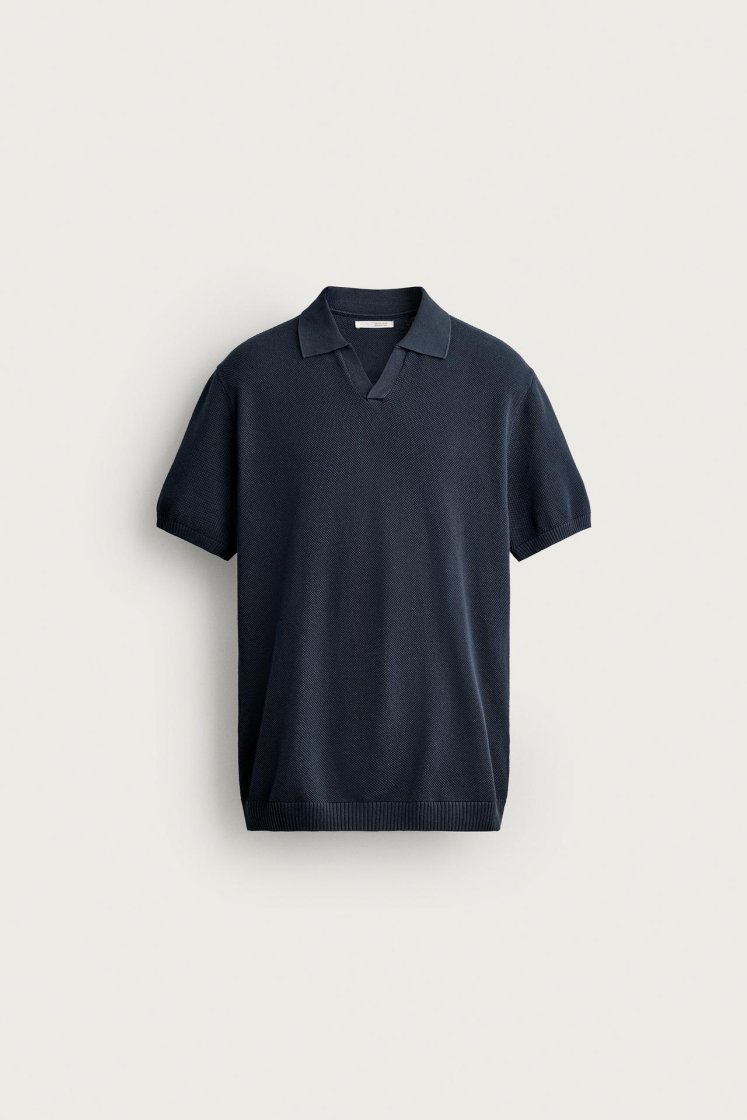 Zara Structured Knit Polo Regular Fit — Bleu marine