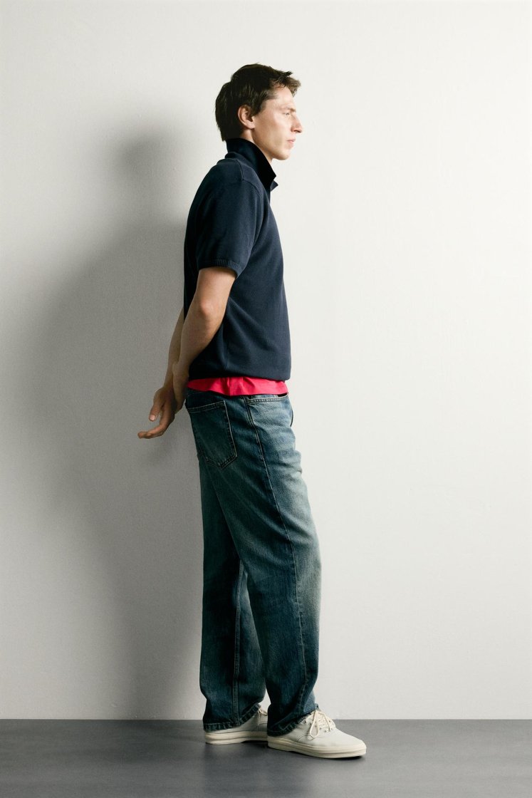 Zara Structured Knit Polo Regular Fit — Bleu marine
