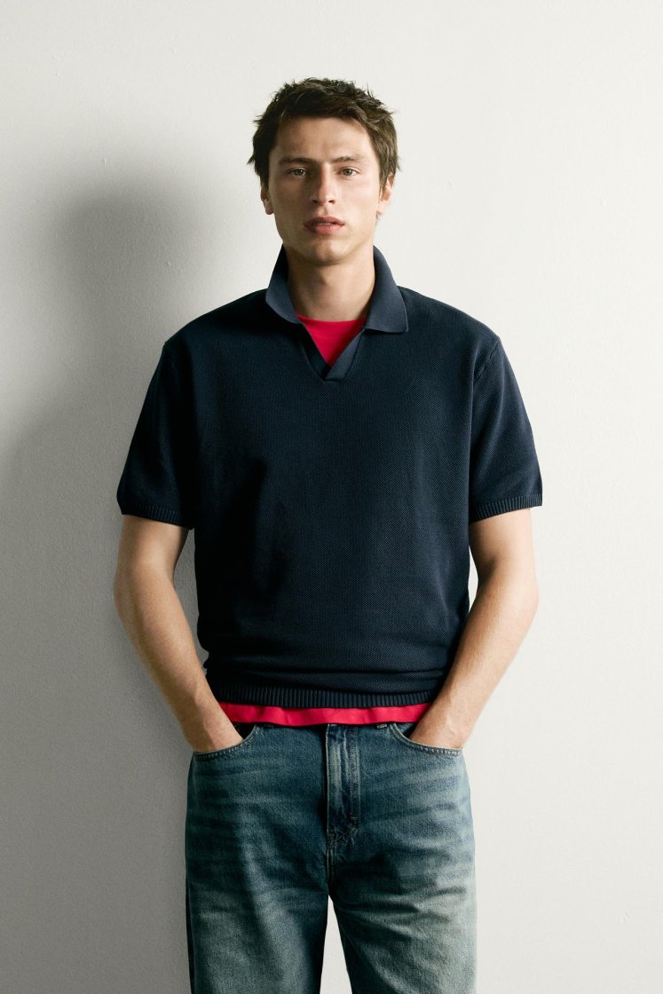 Zara Structured Knit Polo Regular Fit — Bleu marine