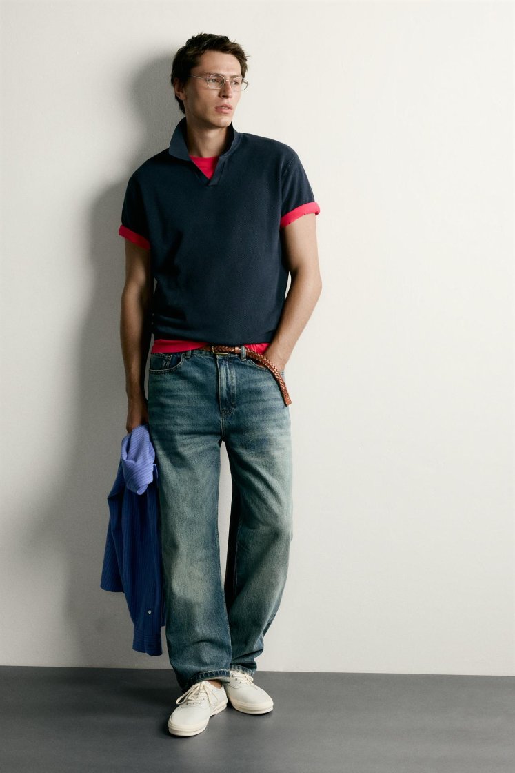 Zara Structured Knit Polo Regular Fit — Bleu marine