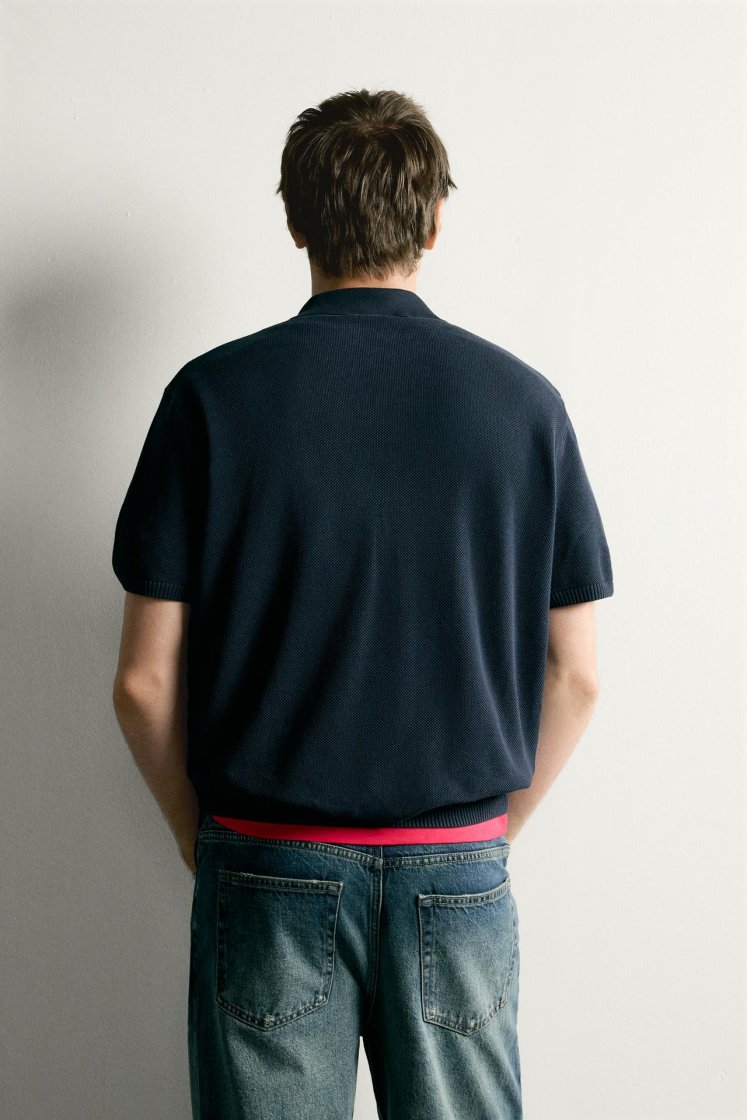 Zara Structured Knit Polo Regular Fit — Bleu marine