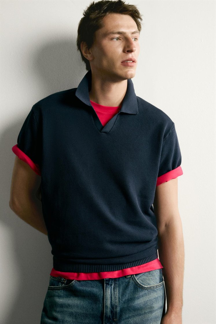 Zara Structured Knit Polo Regular Fit — Bleu marine