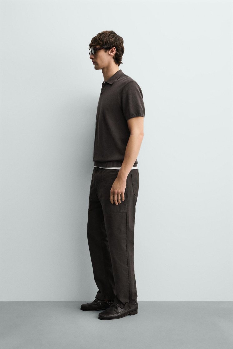 Zara Structured Knit Polo Regular Fit — Chocolat