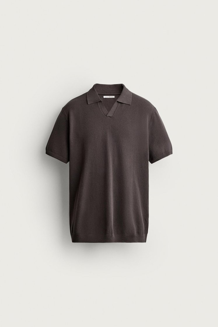 Zara Structured Knit Polo Regular Fit — Chocolat