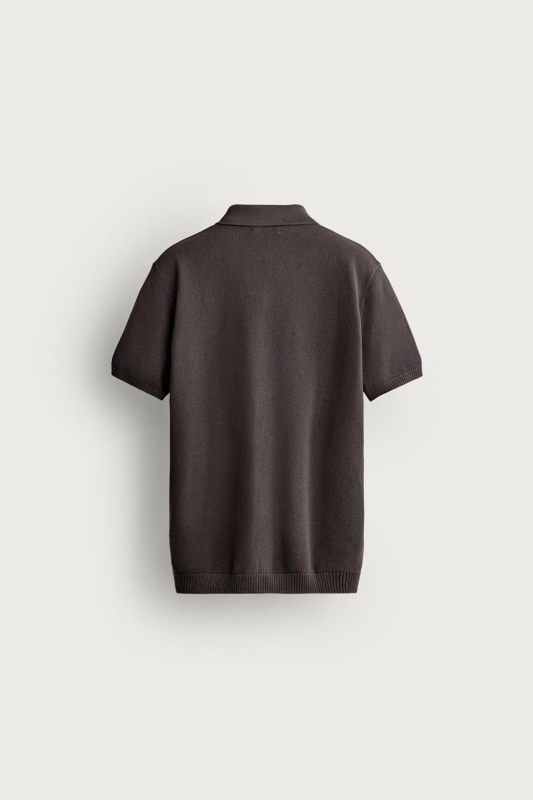 Zara Structured Knit Polo Regular Fit — Chocolat