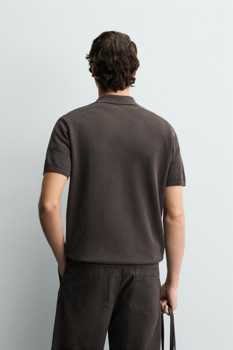 Zara Structured Knit Polo Regular Fit — Chocolat