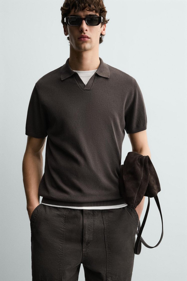 Zara Structured Knit Polo Regular Fit — Chocolat