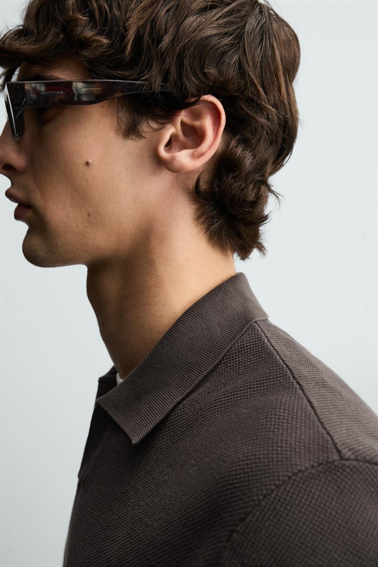 Zara Structured Knit Polo Regular Fit — Chocolat