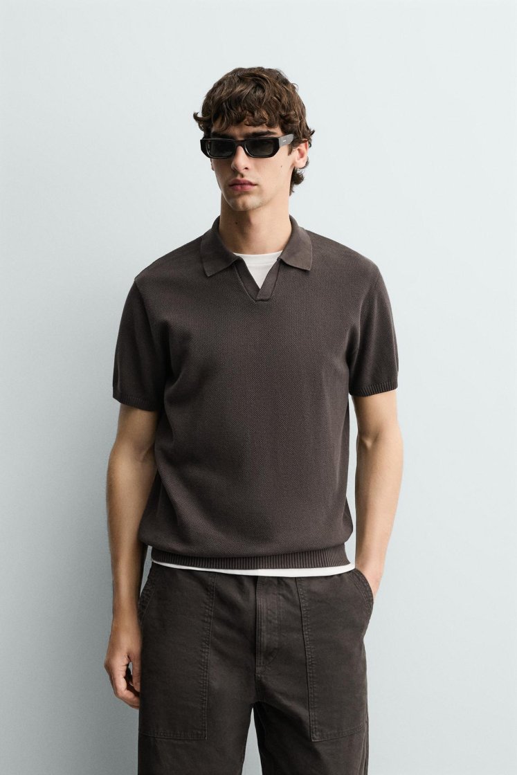 Zara Structured Knit Polo Regular Fit — Chocolat