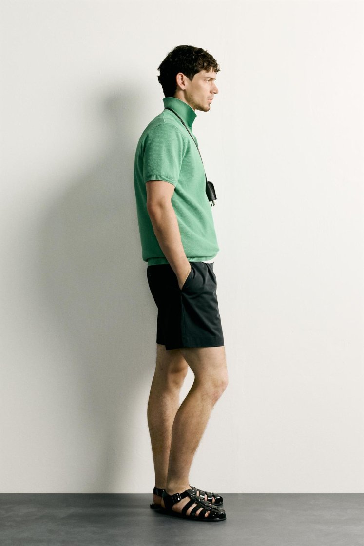 Zara Structured Knit Polo Regular Fit — Vert