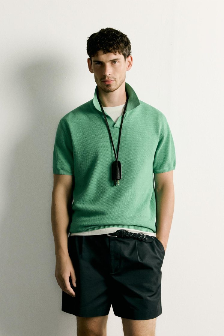 Zara Structured Knit Polo Regular Fit — Vert