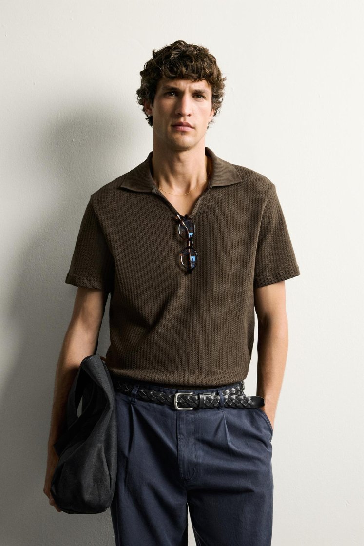 Zara Open-Knit Polo Charcoal — Brown