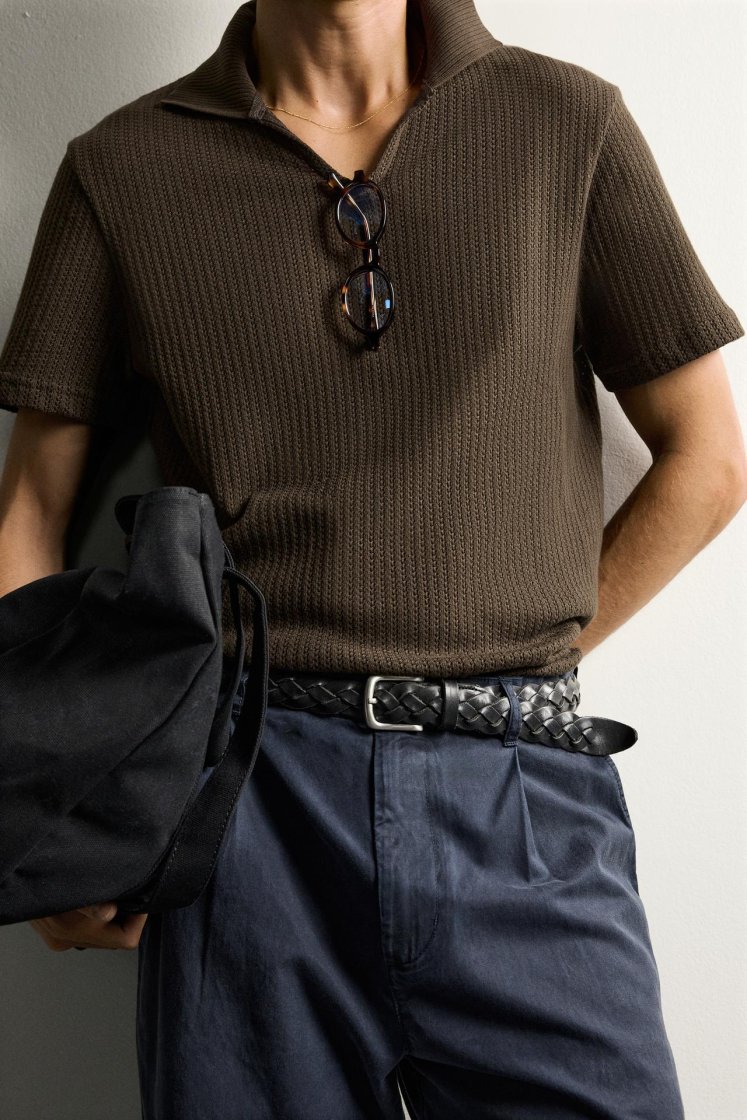 Zara Open-Knit Polo Charcoal — Brown
