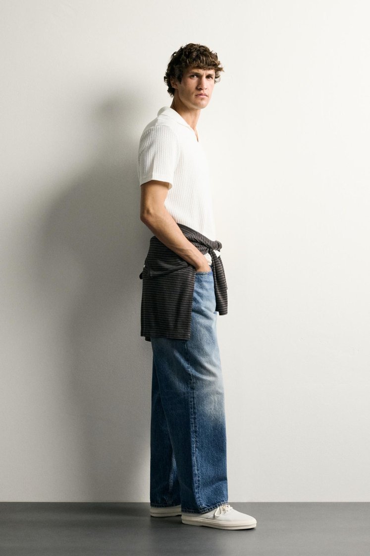 Zara Open-Knit Polo Charcoal — Off White