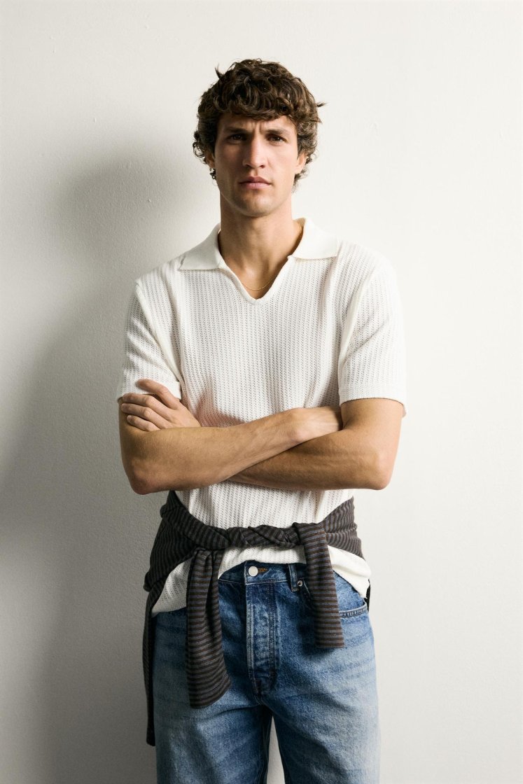 Zara Open-Knit Polo Charcoal — Off White