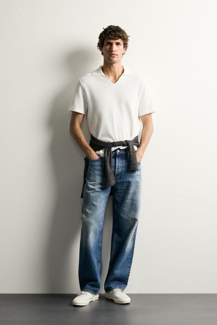 Zara Open-Knit Polo Charcoal — Off White