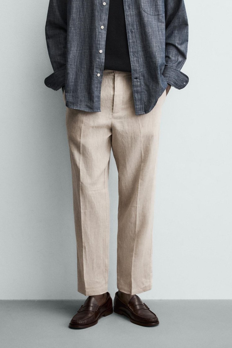Zara PANTALON REGULAR FIT 100% LIN — Beige clair