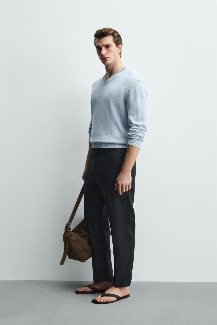 Zara PANTALON REGULAR FIT 100% LIN — Bleu marine
