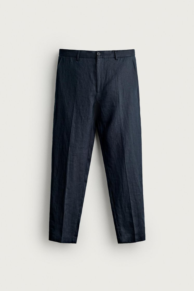 Zara PANTALON REGULAR FIT 100% LIN — Bleu marine
