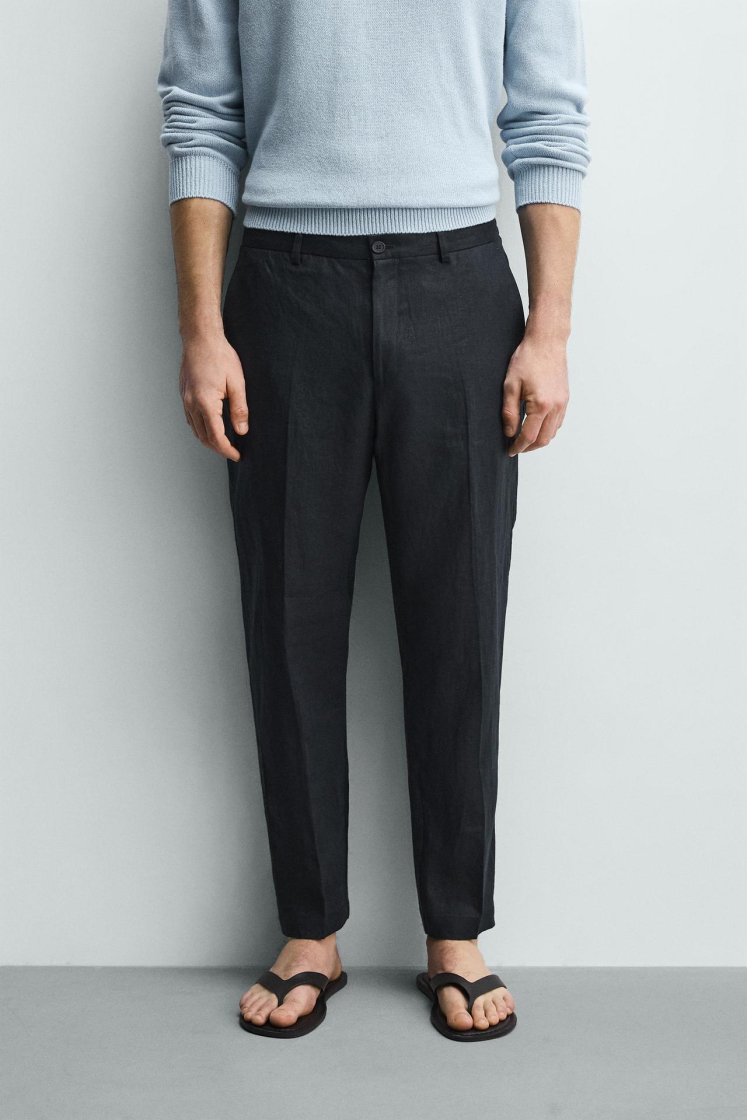 Zara PANTALON REGULAR FIT 100% LIN — Bleu marine