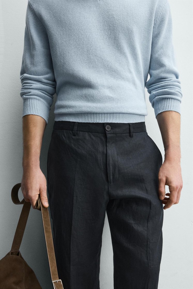 Zara PANTALON REGULAR FIT 100% LIN — Bleu marine