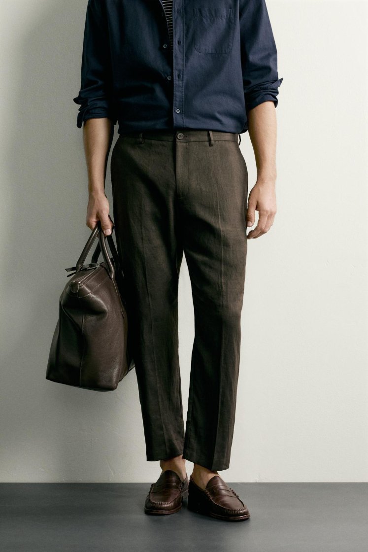 Zara PANTALON REGULAR FIT 100% LIN — Marron