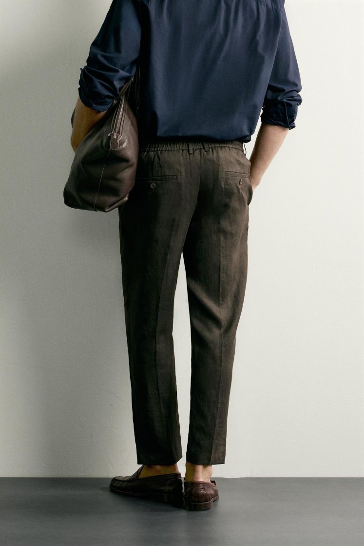Zara PANTALON REGULAR FIT 100% LIN — Marron
