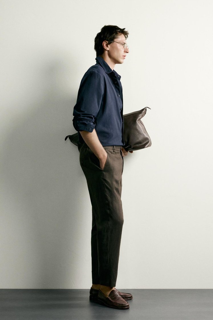 Zara PANTALON REGULAR FIT 100% LIN — Marron