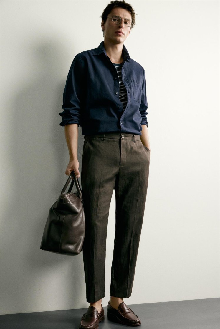 Zara PANTALON REGULAR FIT 100% LIN — Marron