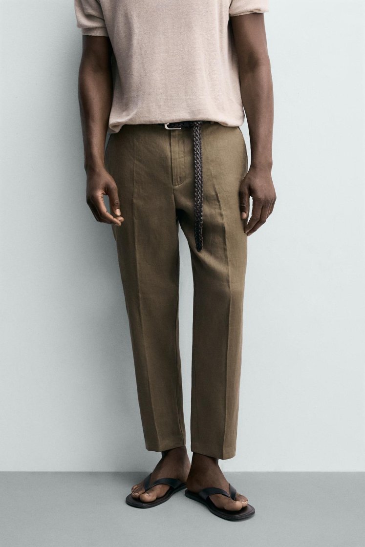 Zara PANTALON REGULAR FIT 100% LIN — Vison