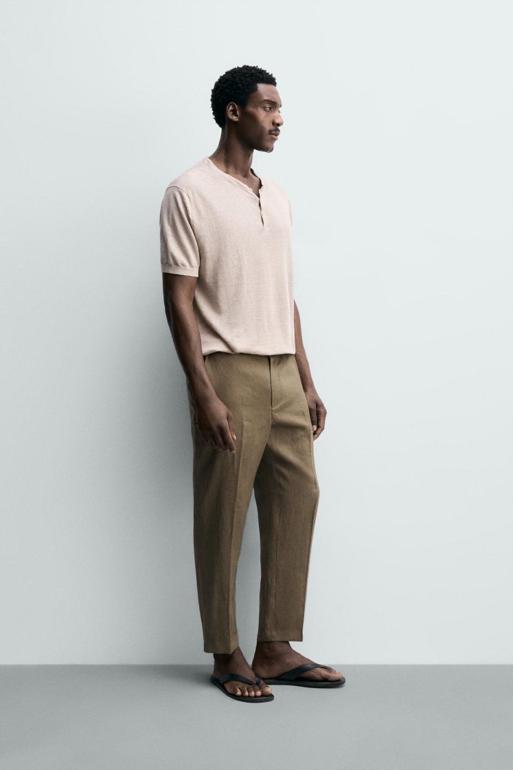 Zara PANTALON REGULAR FIT 100% LIN — Vison
