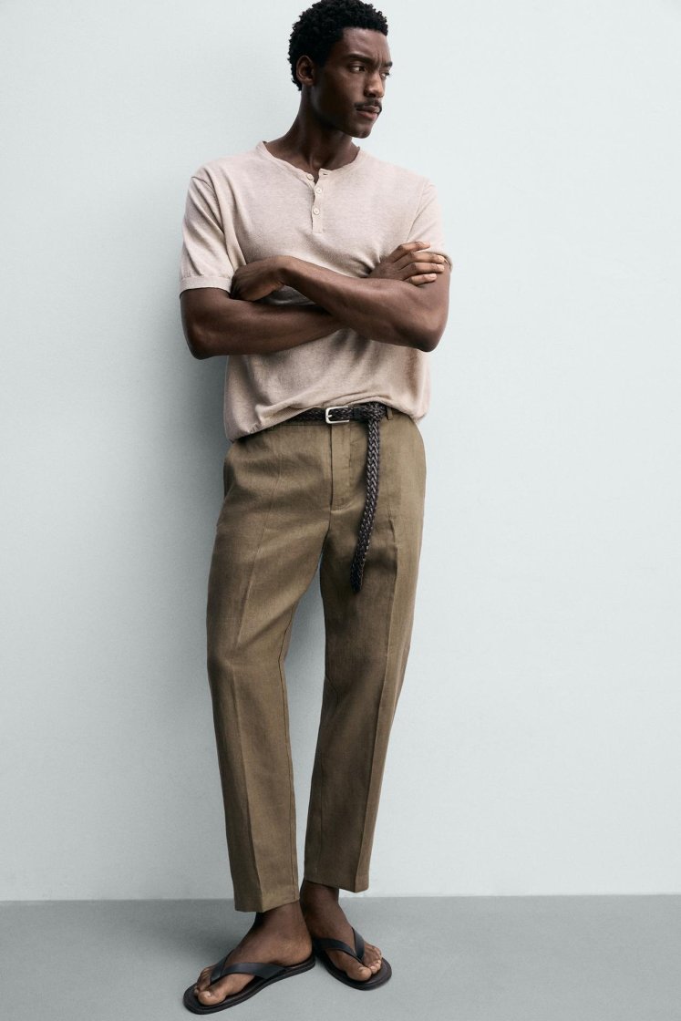 Zara PANTALON REGULAR FIT 100% LIN — Vison