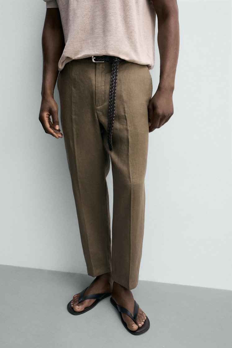 Zara PANTALON REGULAR FIT 100% LIN — Vison