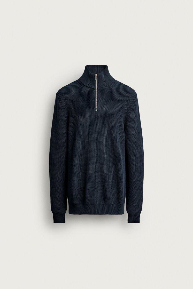 Zara Pearl-Knit Zip Funnel Jumper — Bleu marine