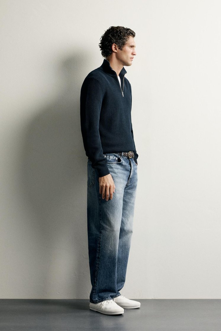 Zara Pearl-Knit Zip Funnel Jumper — Bleu marine