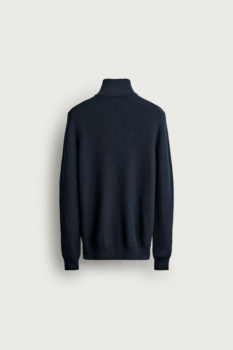 Zara Pearl-Knit Zip Funnel Jumper — Bleu marine